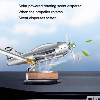 Solar Car Airplane Ornament Solid Aroma Diffuser Car Rotating Decoration Items, Wooden Base (Silver)