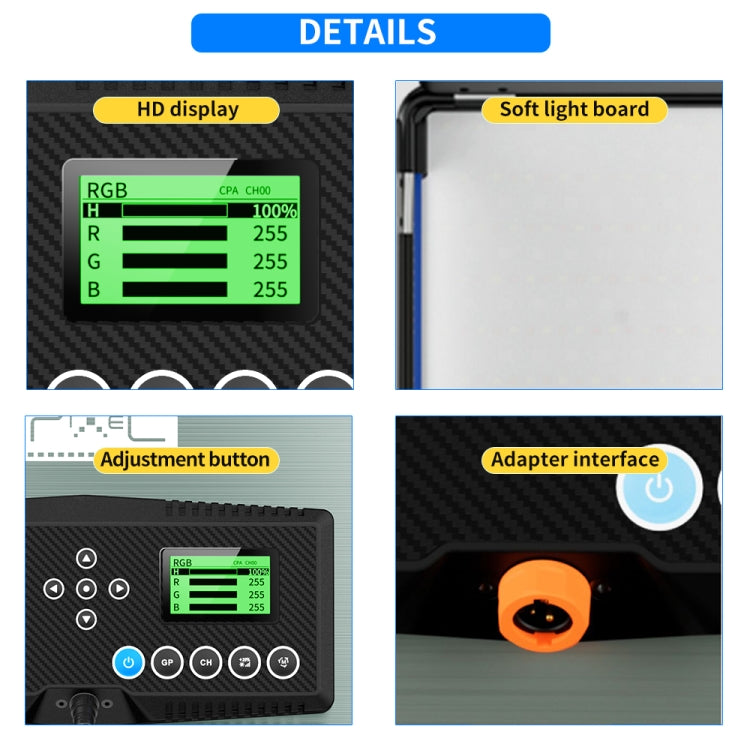 Pixel P80 60W 2600-10000K 542 LEDs Photography Fill Light Support Mobile APP Remote Control, A Set+US Plug Adapter, A Set+EU Plug Adapter, A Set+UK Plug Adapter, A Set+AU Plug Adapter