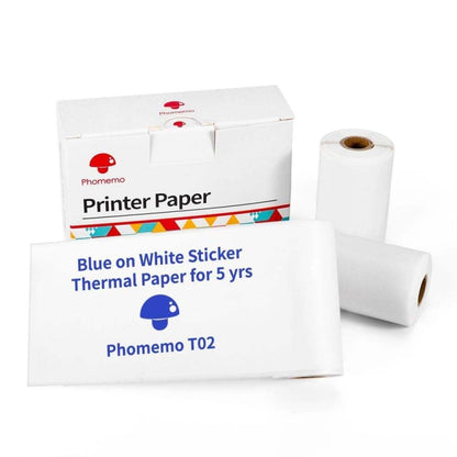 For Phomemo T02 3rolls Bluetooth Printer Thermal Paper Label Paper, 53mmx6.5m 10 Years Black on White No Adhesive, 50mmx3.5m 2 Years Black on White Sticker, 50mmx3.5m 10 Years Black on White Sticker, 50mmx3m 5 Years Blue on White Sticker