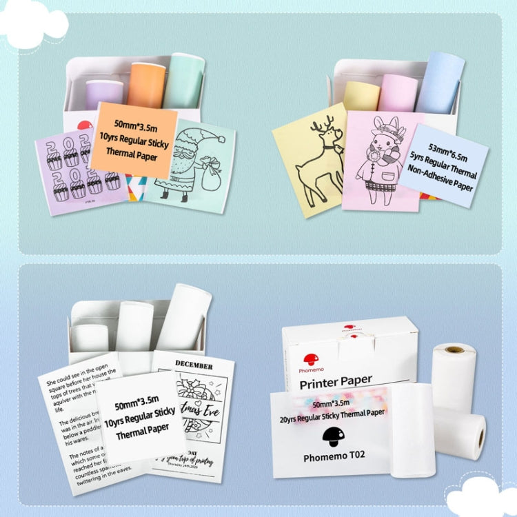 For Phomemo T02 3rolls Bluetooth Printer Thermal Paper Label Paper, 53mmx6.5m 10 Years Black on White No Adhesive, 50mmx3.5m 2 Years Black on White Sticker, 50mmx3.5m 10 Years Black on White Sticker, 50mmx3m 5 Years Blue on White Sticker