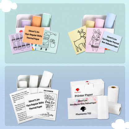 For Phomemo T02 3rolls Bluetooth Printer Thermal Paper Label Paper, 53mmx6.5m 10 Years Black on White No Adhesive, 50mmx3.5m 2 Years Black on White Sticker, 50mmx3.5m 10 Years Black on White Sticker, 50mmx3m 5 Years Blue on White Sticker