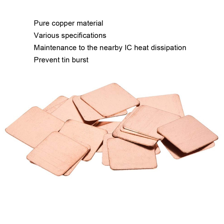20pcs Laptop Cooling Copper Heat Sink Thermal Conductive Tabs Cell Phone Computer Graphics Card Heat Sinks, 15x15x0.1mm, 15x15x0.3mm, 15x15x0.4mm, 15x15x0.5mm, 15x15x0.6mm, 15x15x0.8mm, 15x15x1.0mm, 15x15x1.2mm, 15x15x1.5mm, 15x15x1.8mm, 15x15x2.0mm