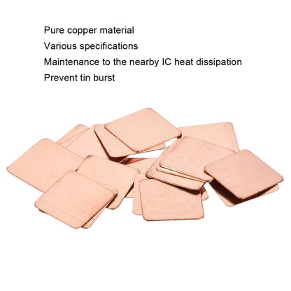 20pcs Laptop Cooling Copper Heat Sink Thermal Conductive Tabs Cell Phone Computer Graphics Card Heat Sinks, 15x15x0.1mm, 15x15x0.3mm, 15x15x0.4mm, 15x15x0.5mm, 15x15x0.6mm, 15x15x0.8mm, 15x15x1.0mm, 15x15x1.2mm, 15x15x1.5mm, 15x15x1.8mm, 15x15x2.0mm