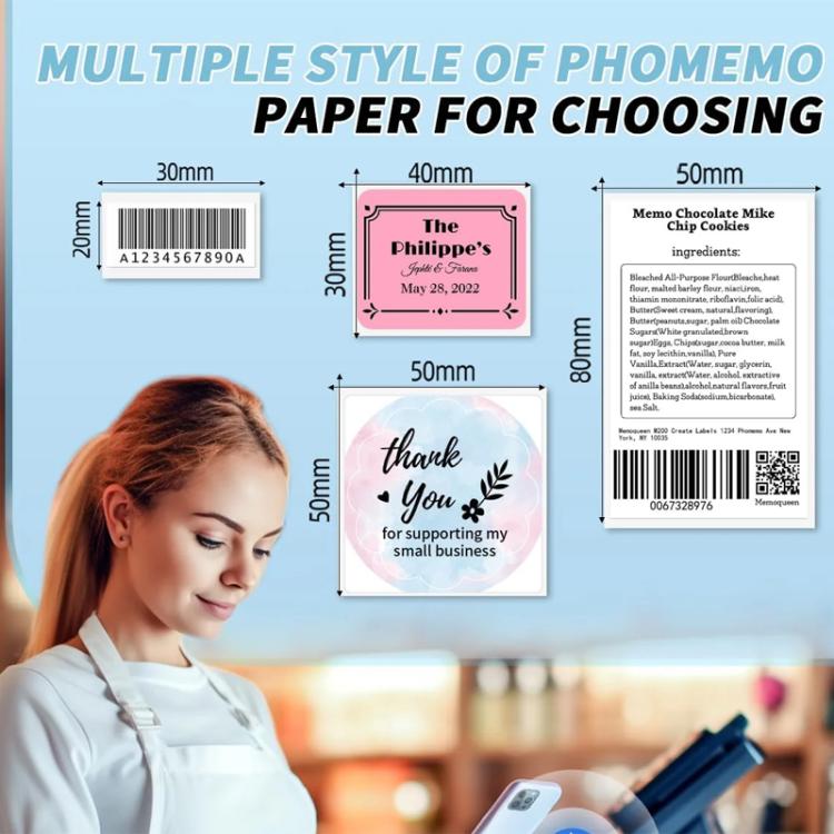 Thermal Labels For M110 Printer, Phomemo 10x20mm-1280pcs, Phomemo 25x15mm-400pcs, Phomemo 30x15mm-400pcs, Phomemo 30x20mm-320pcs, Phomemo 30x30mm-230pcs, Phomemo 30x40mm-180pcs, Phomemo 40x15mm-400pcs, Phomemo 40x30mm-230pcs, Phomemo 40x40mm-180pcs