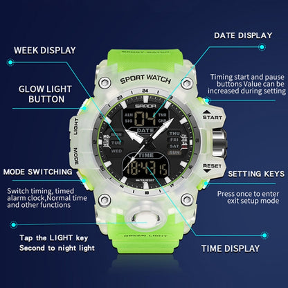 SANDA Green Light Alarm Clock Multifunctional Waterproof Shockproof Transparent Watch