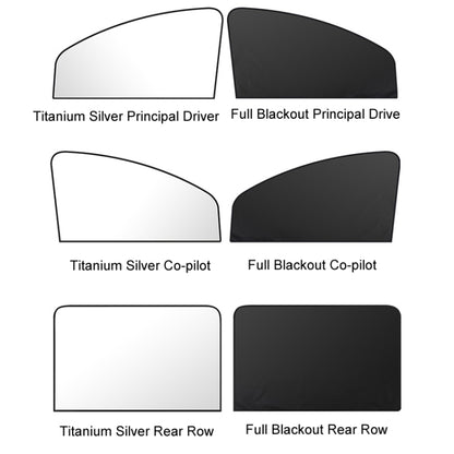 Heat-insulating Opaque Vinyl Coated Magnetic Car Curtains, Full Blackout Principal Drive, Full Blackout Co-pilot, Full Blackout Rear Row, Titanium Silver Principal Driver, Titanium Silver Co-pilot, Titanium Silver Rear Row