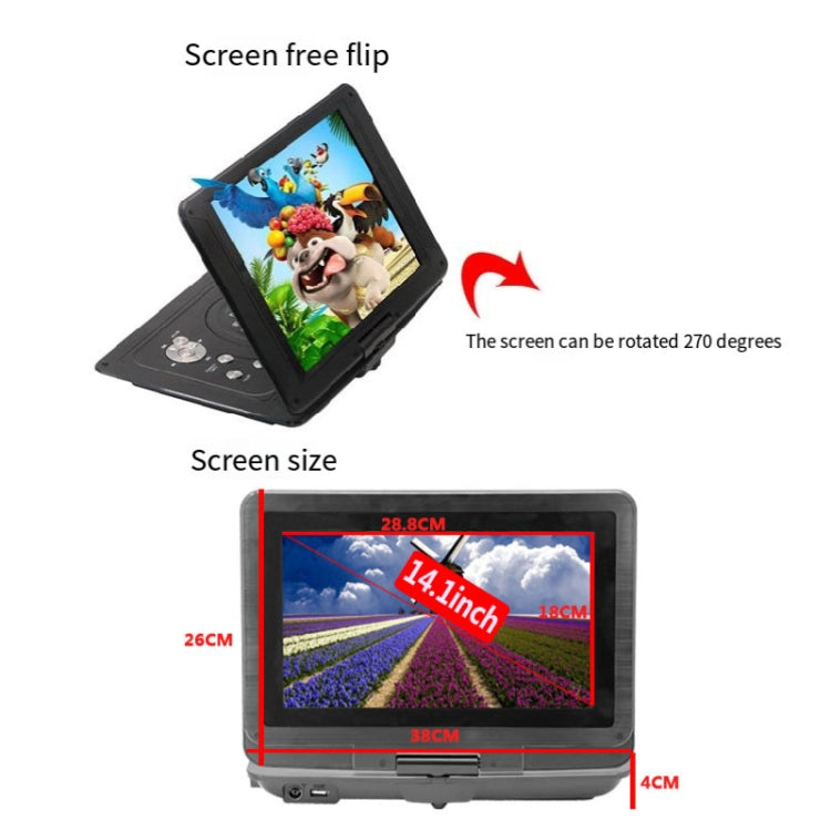 14.1-Inch Screen Portable DVD Player Support USB/SD/AV Input With Gamepad, EU Plug, US Plug, UK Plug
