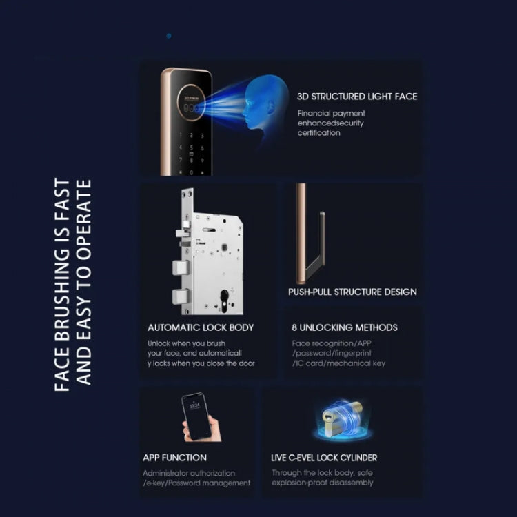T100A  3D Face Recognition Fingerprint Code Card Digital Door Lock, T100A Space Gray, T100A Rose Gold