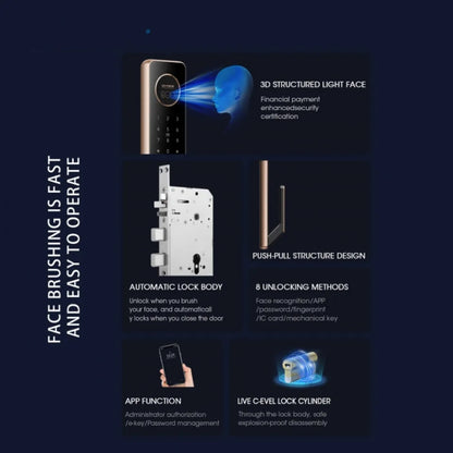 T100A  3D Face Recognition Fingerprint Code Card Digital Door Lock, T100A Space Gray, T100A Rose Gold