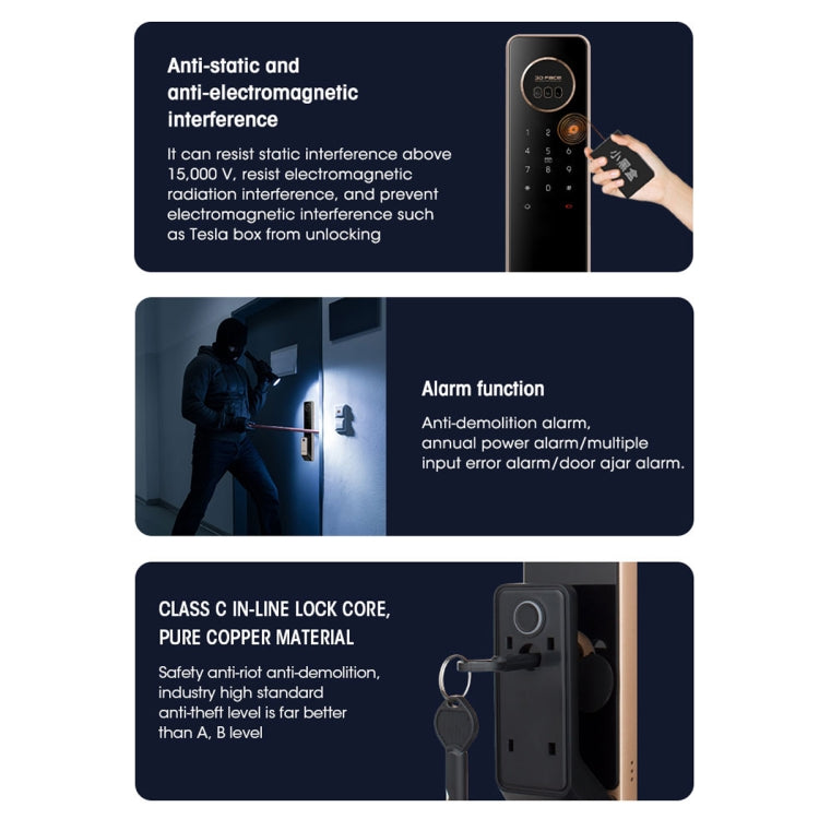 T100A  3D Face Recognition Fingerprint Code Card Digital Door Lock, T100A Space Gray, T100A Rose Gold