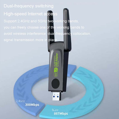 1300Mbps Wireless Network Card Gigabit Dual Band 5G Driverless Computer USB Network Card, 600m, 1300m