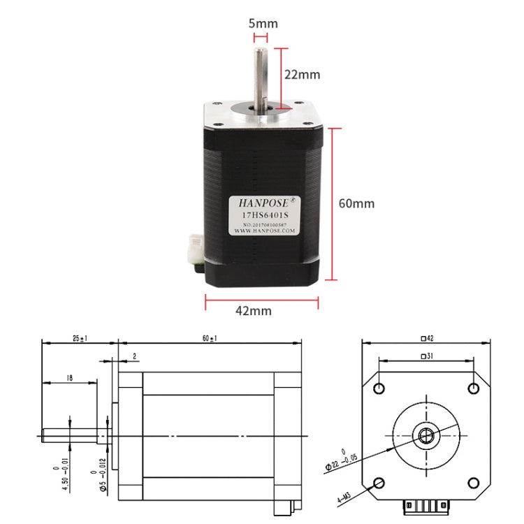 HANPOSE  17HS6401S 12V 1.7A 60mm 70N.cm  4-lead Stepper Motor, 17HS6401S