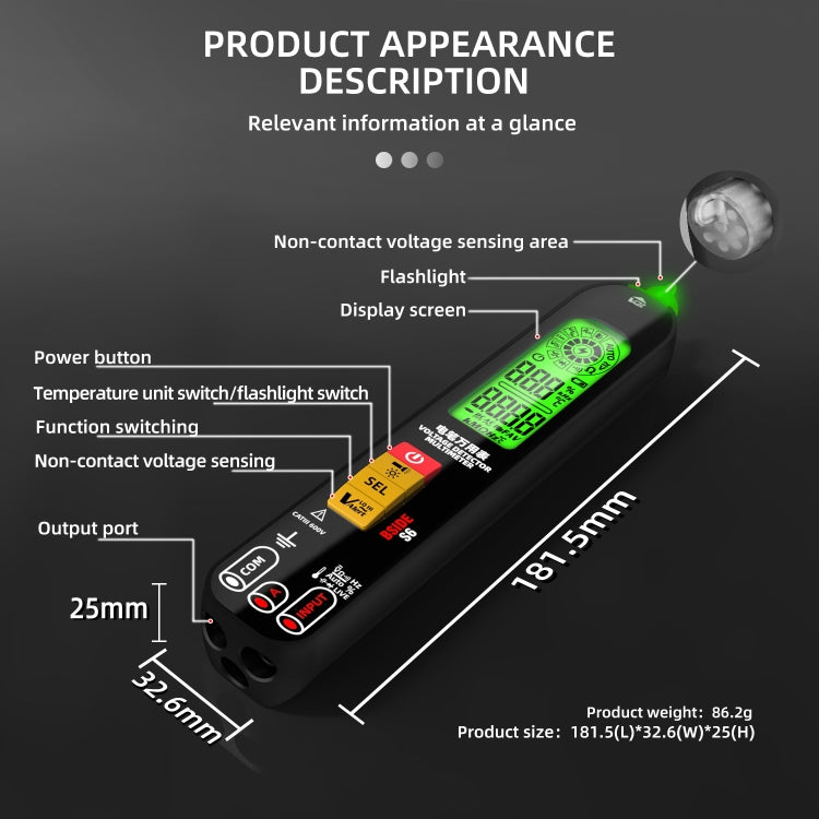 BSIDE S6 Smart Digital Multimeter Current Test Pen Capacitance Temperature Voltage Detector, S6