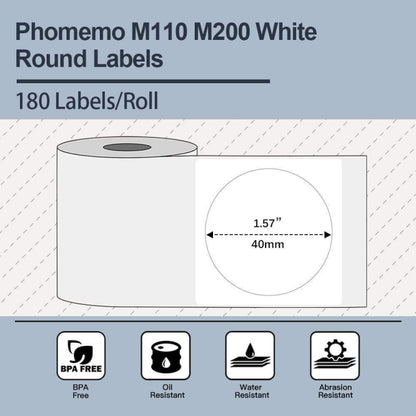 For Phomemo M110 / M200 180pcs /Roll 40x40mm Round Self-Adhesive Thermal Labels, 180pcs /Roll 40x40mm Round
