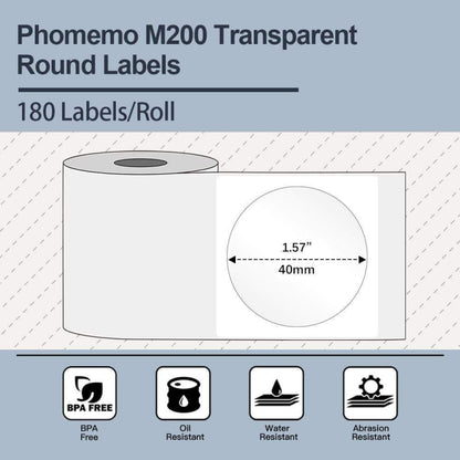 For Phomemo M110 / M200 180pcs /Roll 40x40mm Circular Transparent Self-Adhesive Tag, 180pcs /Roll 40x40mm Circular Transparent