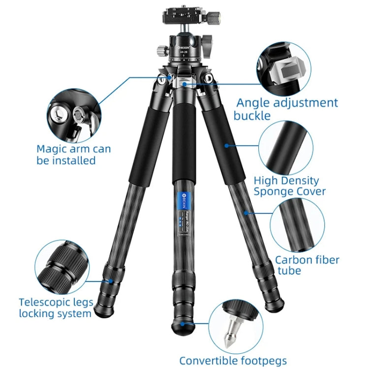 Carbon Fiber Portable Folding Tripod SLR Camera Low Gravity Center Gimbal Photography Bracket, BEXIN RC254, BEXIN RC254+LH-28