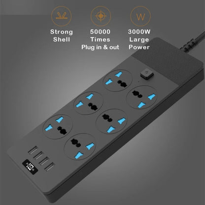 TB-T12 3000W 2m 4-USB Ports + 6-Jacks Multifunctional Flame-Retardant Socket With Switch, UK Plug, EU Plug, US Plug