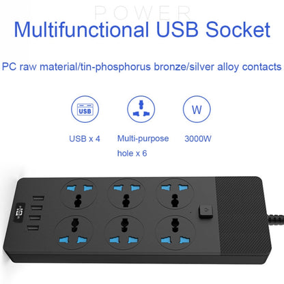 TB-T12 3000W 2m 4-USB Ports + 6-Jacks Multifunctional Flame-Retardant Socket With Switch, UK Plug, EU Plug, US Plug