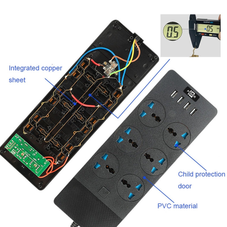 TB-T12 3000W 2m 4-USB Ports + 6-Jacks Multifunctional Flame-Retardant Socket With Switch, UK Plug, EU Plug, US Plug