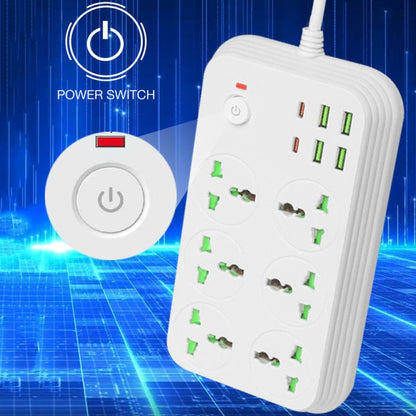 T24 2m 3000W 6 Plugs + PD + 4-USB Ports Multifunctional Flame-Retardant Socket With Switch, UK Plug, US Plug