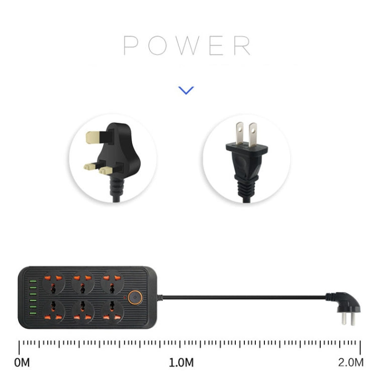 A07 2m 3000W 6 Plugs + 6-USB Ports Multifunctional Flame-retardant Socket with Switch, UK Plug, US Plug