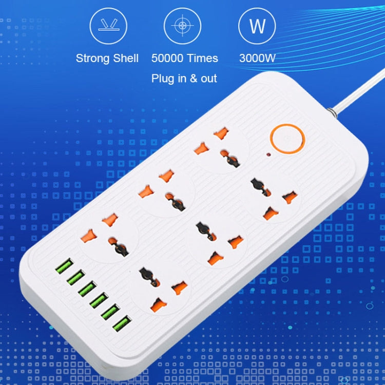 A07 2m 3000W 6 Plugs + 6-USB Ports Multifunctional Flame-retardant Socket with Switch, UK Plug, US Plug