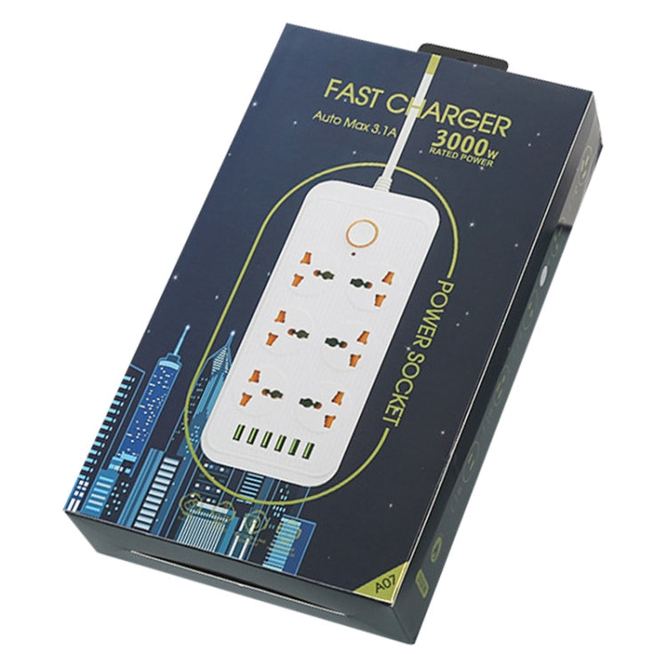 A07 2m 3000W 6 Plugs + 6-USB Ports Multifunctional Flame-retardant Socket with Switch, UK Plug, US Plug