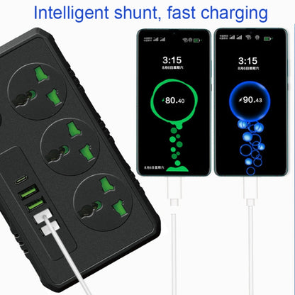 B09 2m 3000W 3 Plugs + PD + 4-USB Ports Multifunctional Flame-Retardant Socket With Switch, UK Plug, US Plug