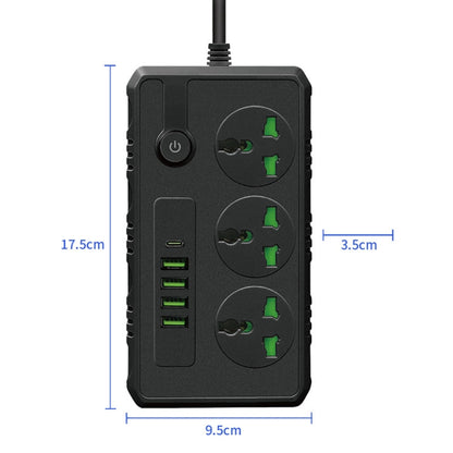 B09 2m 3000W 3 Plugs + PD + 4-USB Ports Multifunctional Flame-Retardant Socket With Switch, UK Plug, US Plug