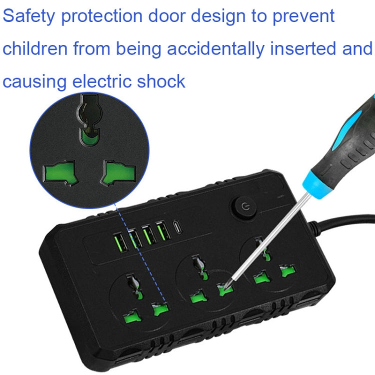 B09 2m 3000W 3 Plugs + PD + 4-USB Ports Multifunctional Flame-Retardant Socket With Switch, UK Plug, US Plug
