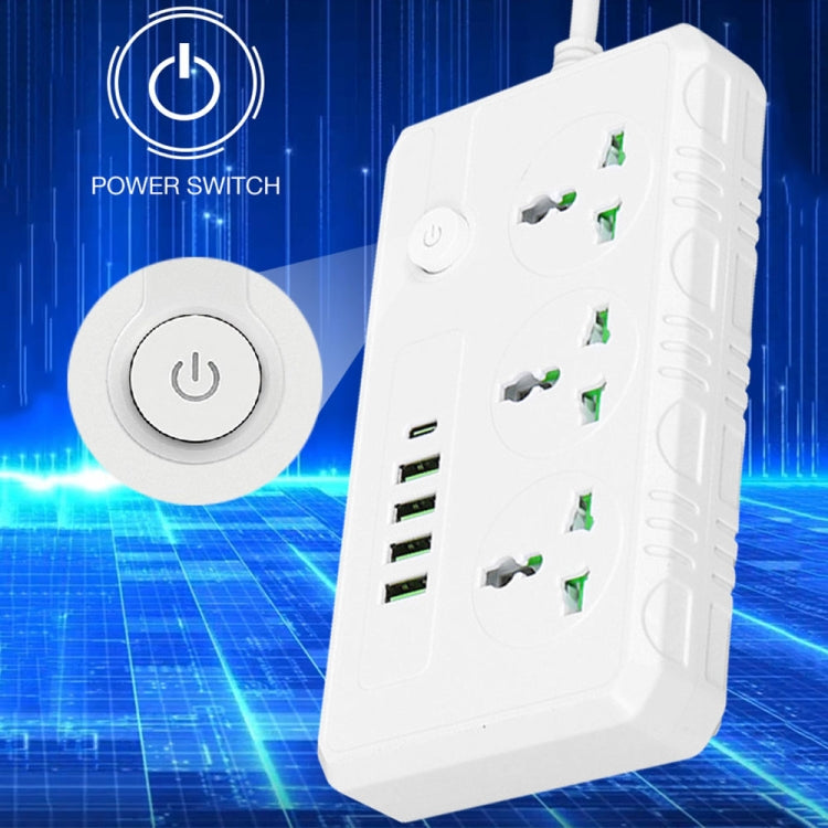 B09 2m 3000W 3 Plugs + PD + 4-USB Ports Multifunctional Flame-Retardant Socket With Switch, UK Plug, US Plug