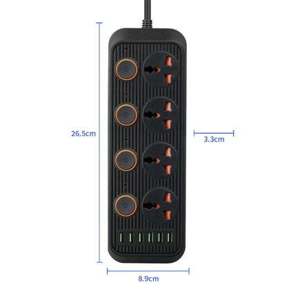 A05 2m 3000W 4 Plugs + 6-USB Ports Multifunctional Flame-Retardant Socket With Switch, UK Plug, US Plug