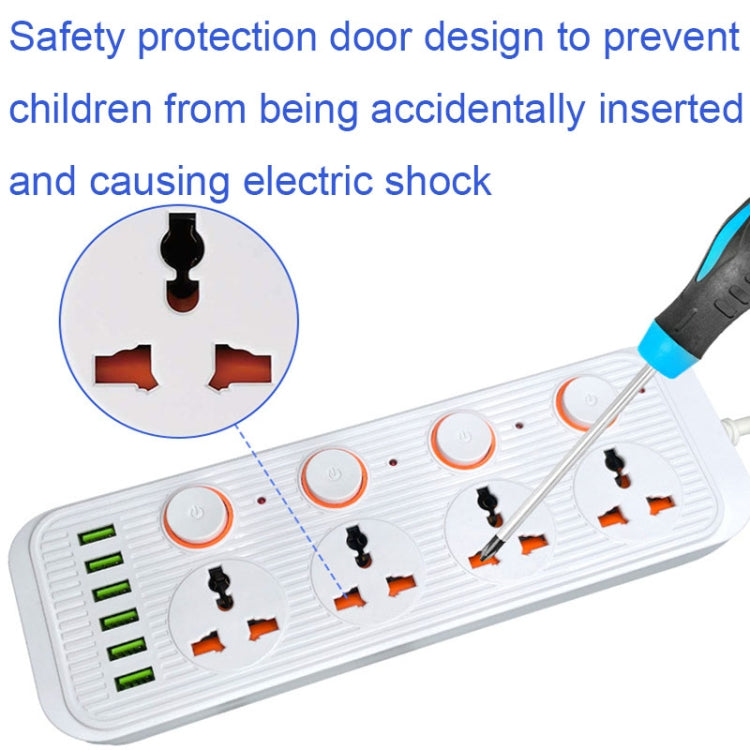 A05 2m 3000W 4 Plugs + 6-USB Ports Multifunctional Flame-Retardant Socket With Switch, UK Plug, US Plug