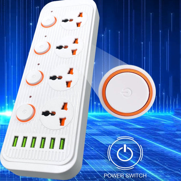 A05 2m 3000W 4 Plugs + 6-USB Ports Multifunctional Flame-Retardant Socket With Switch, UK Plug, US Plug