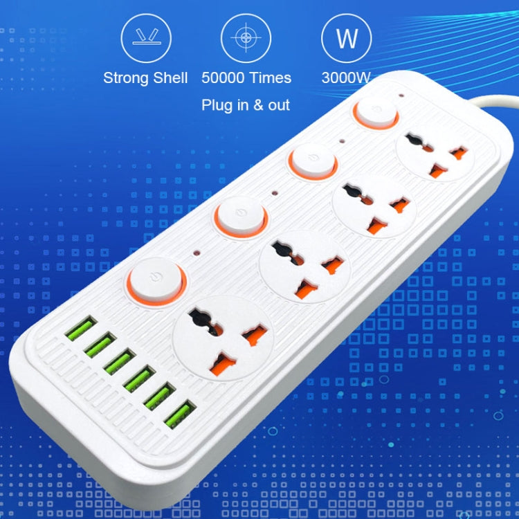 A05 2m 3000W 4 Plugs + 6-USB Ports Multifunctional Flame-Retardant Socket With Switch, UK Plug, US Plug