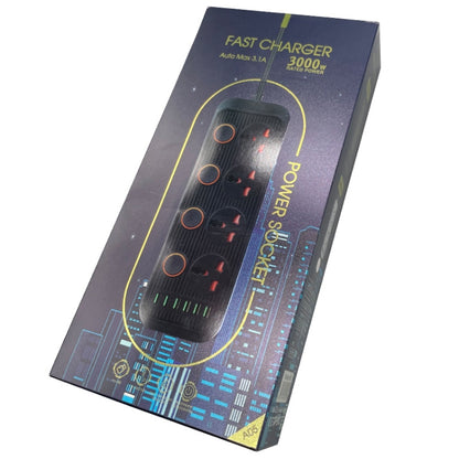 A05 2m 3000W 4 Plugs + 6-USB Ports Multifunctional Flame-Retardant Socket With Switch, UK Plug, US Plug