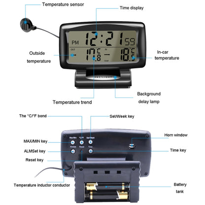 LCD Night Light Car Clock Automotive Electronics Inside And Outside Dual Thermometer, 2 in 1 Black