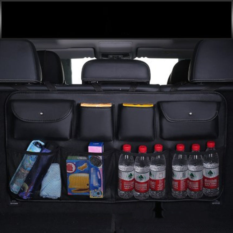 Car Trunk Leather Storage Bag Large Capacity Rear Seat Back Pouch, Leather, Mesh Pocket, Simple
