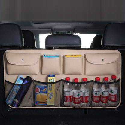 Car Trunk Leather Storage Bag Large Capacity Rear Seat Back Pouch, Leather, Mesh Pocket, Simple