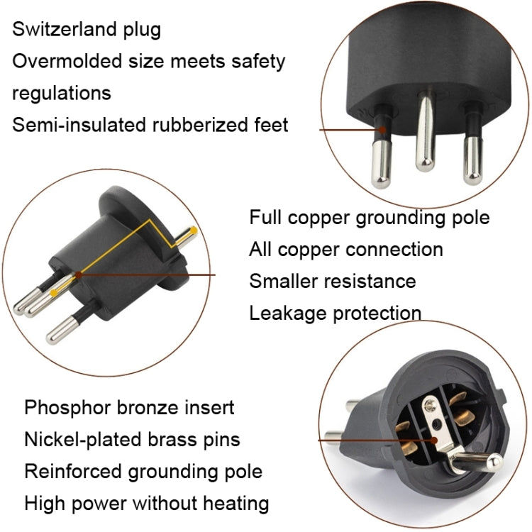 EU To Switzerland Convertible Plug With Ground Wire Travel Adaptor, Without Shell