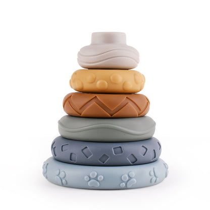Baby Stacking Nesting Circle Toy Soft Squeeze Building Blocks Sensory Toys, Basic, Koala, White Bear, Elephant, Rabbit, Turtle