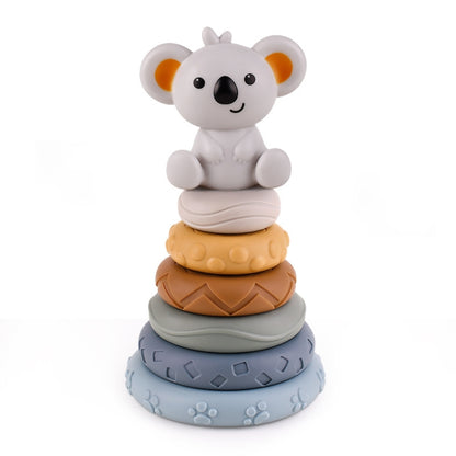 Baby Stacking Nesting Circle Toy Soft Squeeze Building Blocks Sensory Toys, Basic, Koala, White Bear, Elephant, Rabbit, Turtle