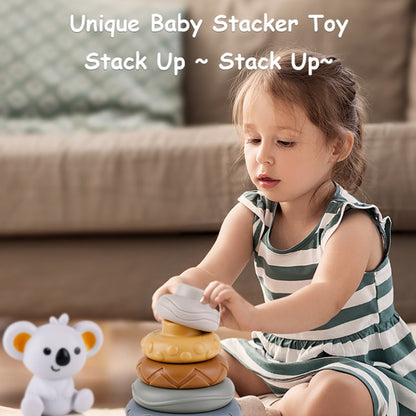 Baby Stacking Nesting Circle Toy Soft Squeeze Building Blocks Sensory Toys, Basic, Koala, White Bear, Elephant, Rabbit, Turtle