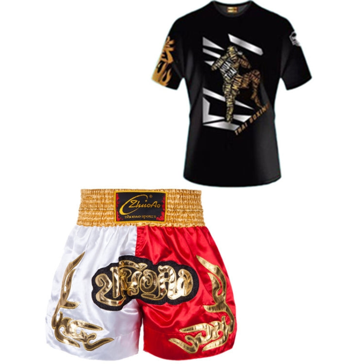ZhuoAo Boxing Costumes Kids Sparring Fighting Shorts Muay Thai Free Fighting Tights Set, HIT Green, HIT Red, Bright Spot Green, Silvery Dragon Black, Yellow Waist Belt, FIHT Red Blue Spliced, Trophy Cup Black, Hot Printing Red Gold Dragon