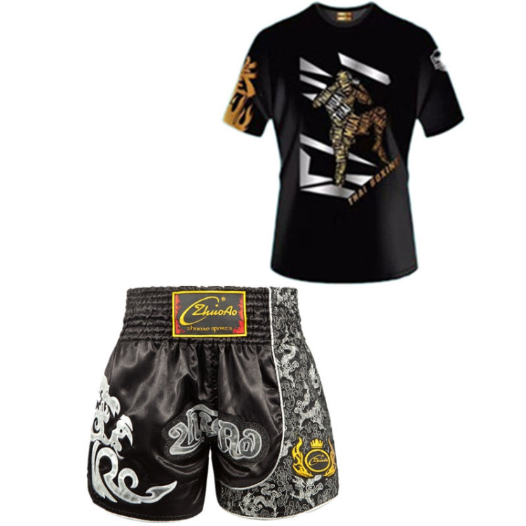 ZhuoAo Boxing Costumes Kids Sparring Fighting Shorts Muay Thai Free Fighting Tights Set, HIT Green, HIT Red, Bright Spot Green, Silvery Dragon Black, Yellow Waist Belt, FIHT Red Blue Spliced, Trophy Cup Black, Hot Printing Red Gold Dragon
