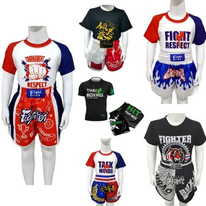 ZhuoAo Boxing Costumes Kids Sparring Fighting Shorts Muay Thai Free Fighting Tights Set, HIT Green, HIT Red, Bright Spot Green, Silvery Dragon Black, Yellow Waist Belt, FIHT Red Blue Spliced, Trophy Cup Black, Hot Printing Red Gold Dragon