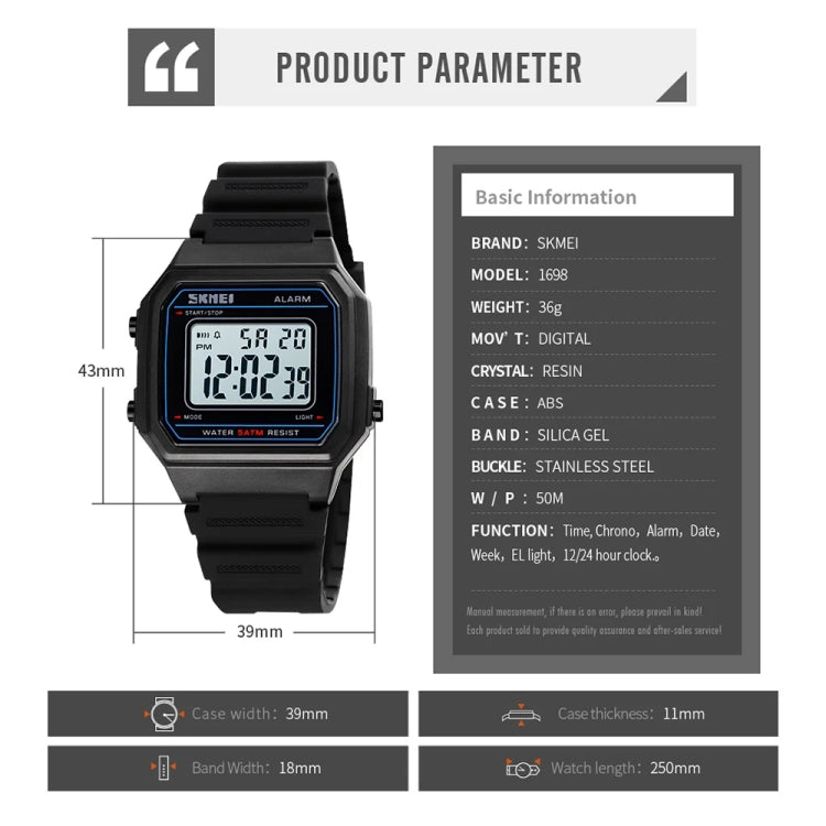 SKMEI 1698 50m Waterproof Multifunctional Sports Square Pin Buckle Luminous Digital Watch