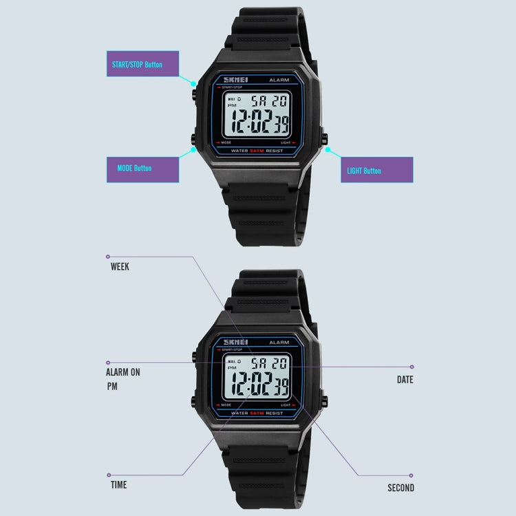 SKMEI 1698 50m Waterproof Multifunctional Sports Square Pin Buckle Luminous Digital Watch