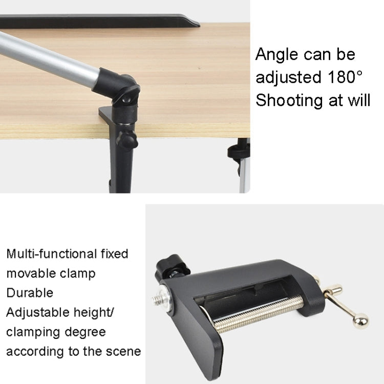 Aluminum Tube Cell Phone Live Streaming Telescopic Pole Desktop C-Clip Cell Phone Overhead Photo Holder, Bracket+Phone Clip