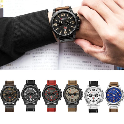 Curren 8314 Sports Six-Hand Waterproof Leather Strap Calendar Men Quartz Watch, Black Shell Khaki, Black Shell White, Black Shell Red, Black Shell Gray, White Shell White, White Shell Blue